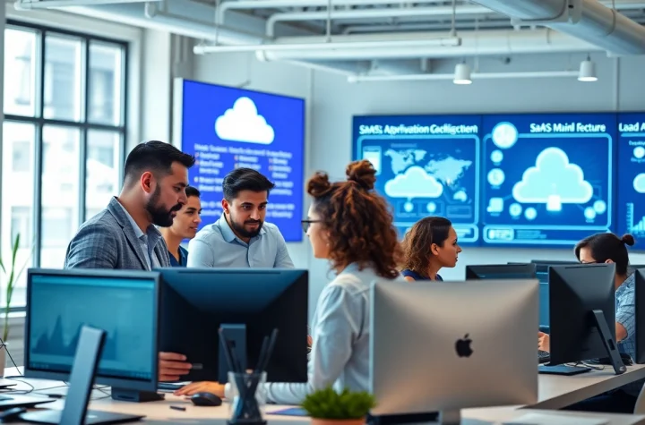 SaaS development team collaborating in a bright office space with digital tools.