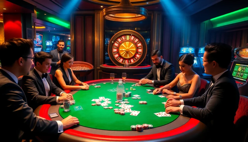 Players engaging in a high-stakes poker game at a luxurious casino showcasing kk55.fit.