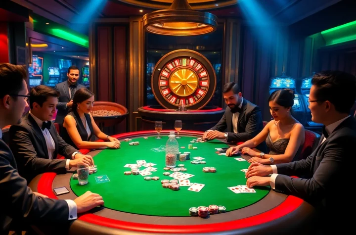 Players engaging in a high-stakes poker game at a luxurious casino showcasing kk55.fit.