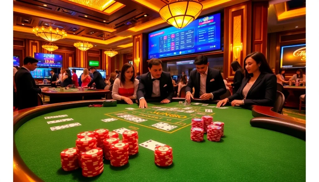 Players enjoying baccarat at Jun88 phiên bản 2, showcasing luxury and excitement in a casino setting.