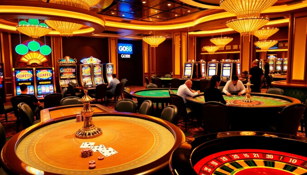 GO88 gaming experience featuring luxurious casino tables, vibrant slot machines, and engaging players.