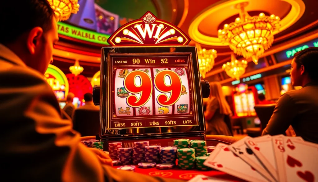 Experience the thrill of the 99 win at a luxurious casino with vibrant slot machines and colorful chips.