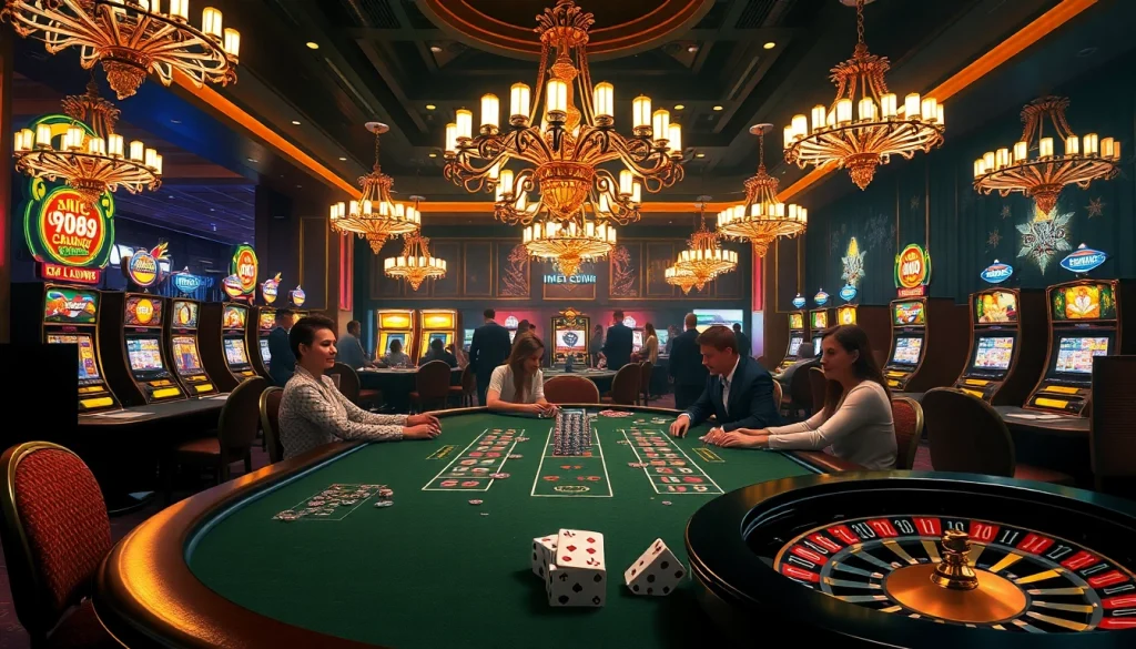 Dynamic gaming action at NHÀ CÁI UU88 with poker players and vibrant slot machines.