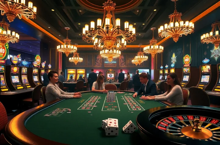 Dynamic gaming action at NHÀ CÁI UU88 with poker players and vibrant slot machines.