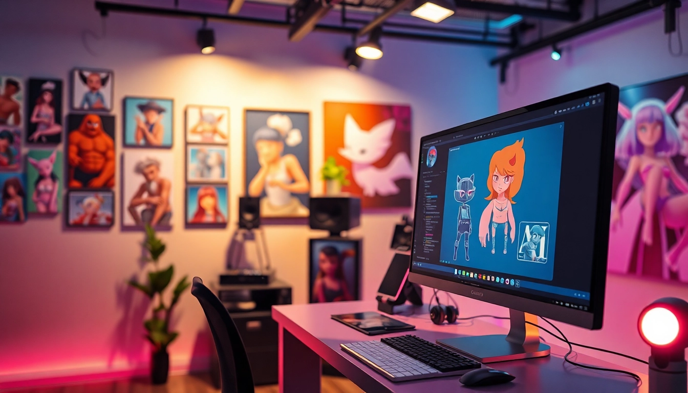 Creative workspace showcasing ai nsfw digital art generation on a modern computer.