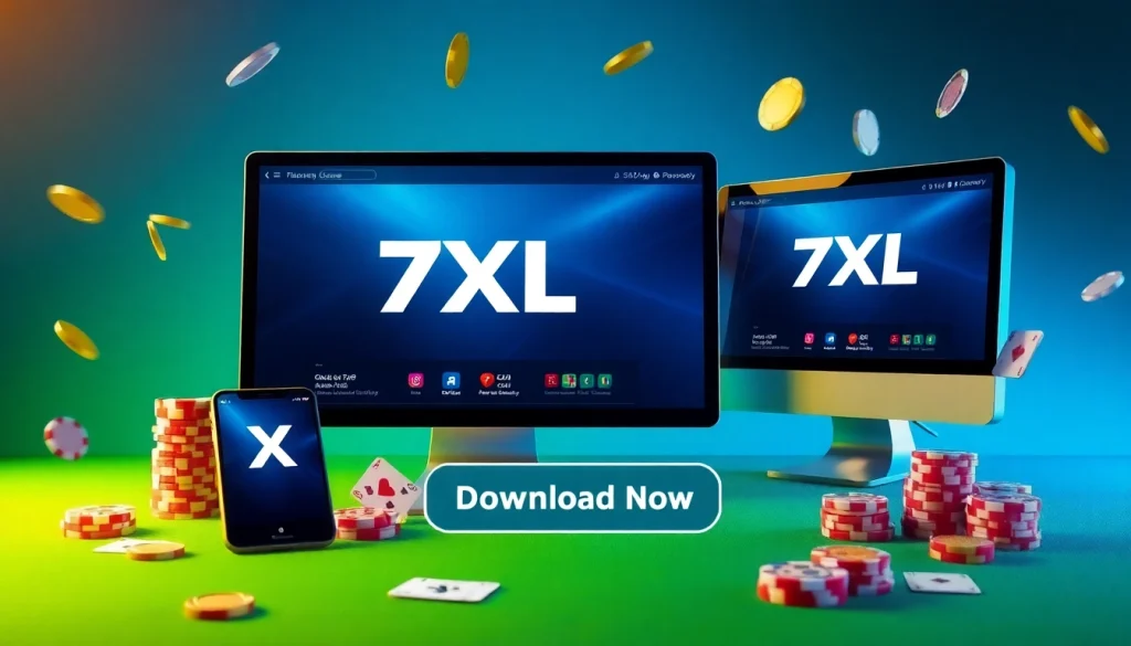 7xl להורדה - תיאור חזותי מרגש של אפליקציית 7XL לפוקר אונליין על מכשירים שונים, עם צבעים חיים ואלמנטים מרתקים.