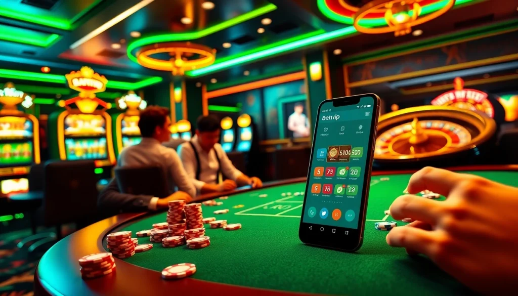 Trải nghiệm cảm giác cá cược với ứng dụng betvip trong cảnh casino sôi động có poker và roulette.