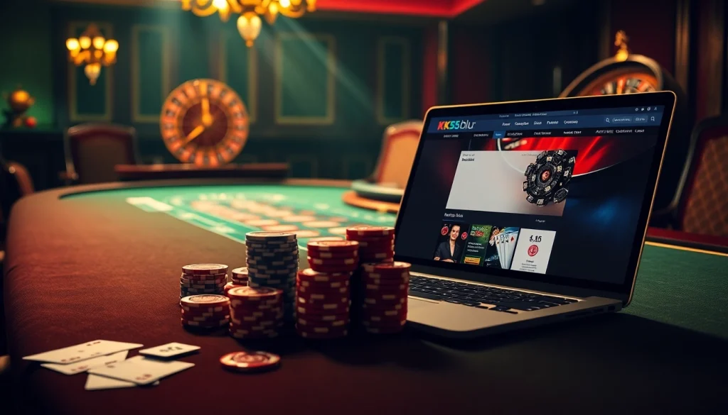 Experience thrilling poker gameplay at KK55.blue with vibrant chips, cards, and luxury ambiance.