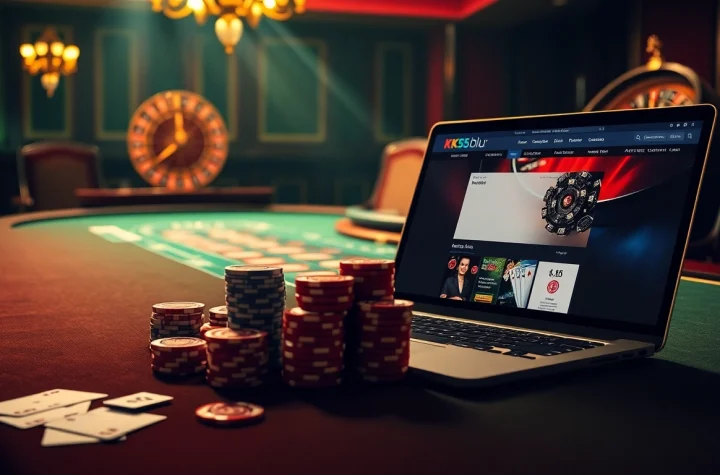 Experience thrilling poker gameplay at KK55.blue with vibrant chips, cards, and luxury ambiance.