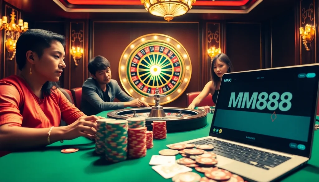 Experience the excitement of mm88 casino with a vibrant poker table and roulette wheel in action.