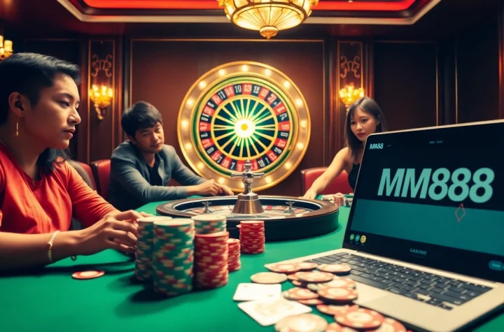 Experience the excitement of mm88 casino with a vibrant poker table and roulette wheel in action.