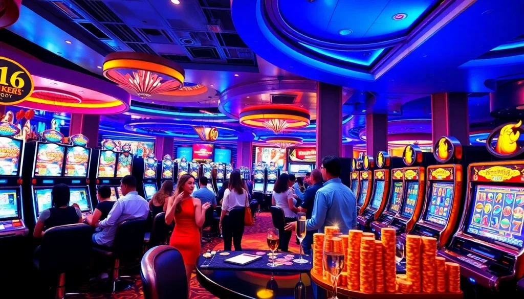 Gambling enthusiasts enjoying slot api raja 88 amidst a lively casino atmosphere.