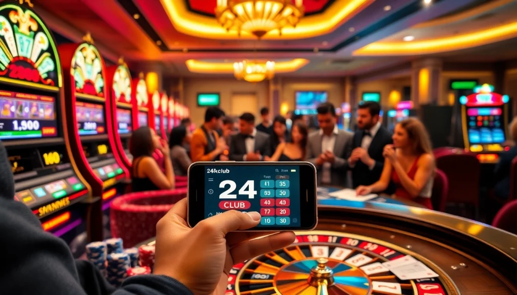 Engaging with the 24kclub app in a vibrant casino setting filled with slot machines and poker chips.