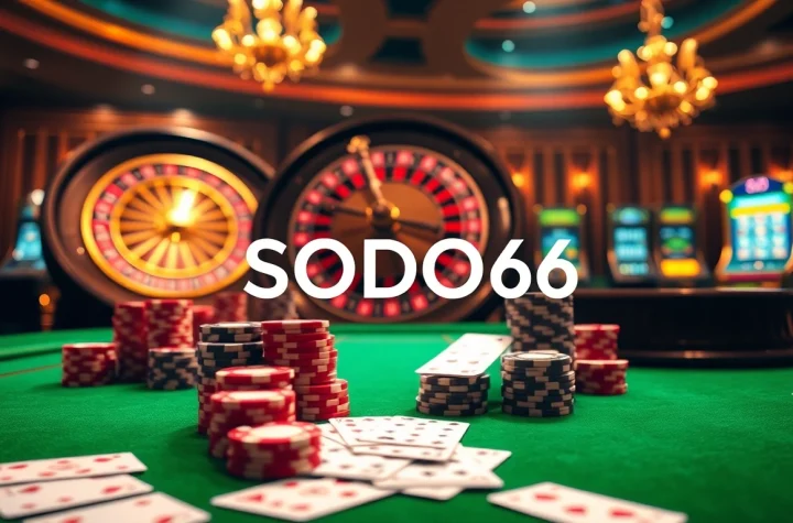 Engage in thrilling online bets at SODO66 with a vibrant casino setup featuring poker chips and a roulette wheel.