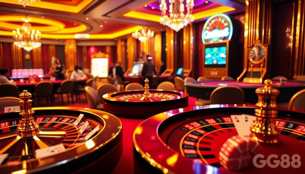 Experience the thrill of GG88 with players passionately engaging at poker tables and vibrant casino games.