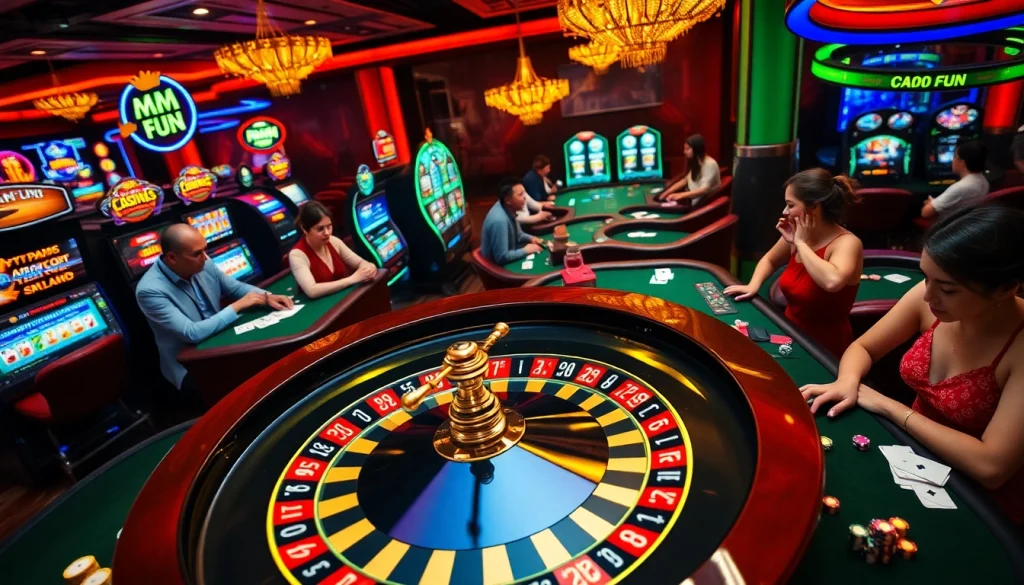 Experience the excitement of MM 88 FUN with vibrant gaming scenes featuring roulette and slots.