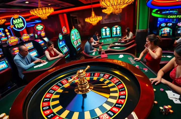 Experience the excitement of MM 88 FUN with vibrant gaming scenes featuring roulette and slots.