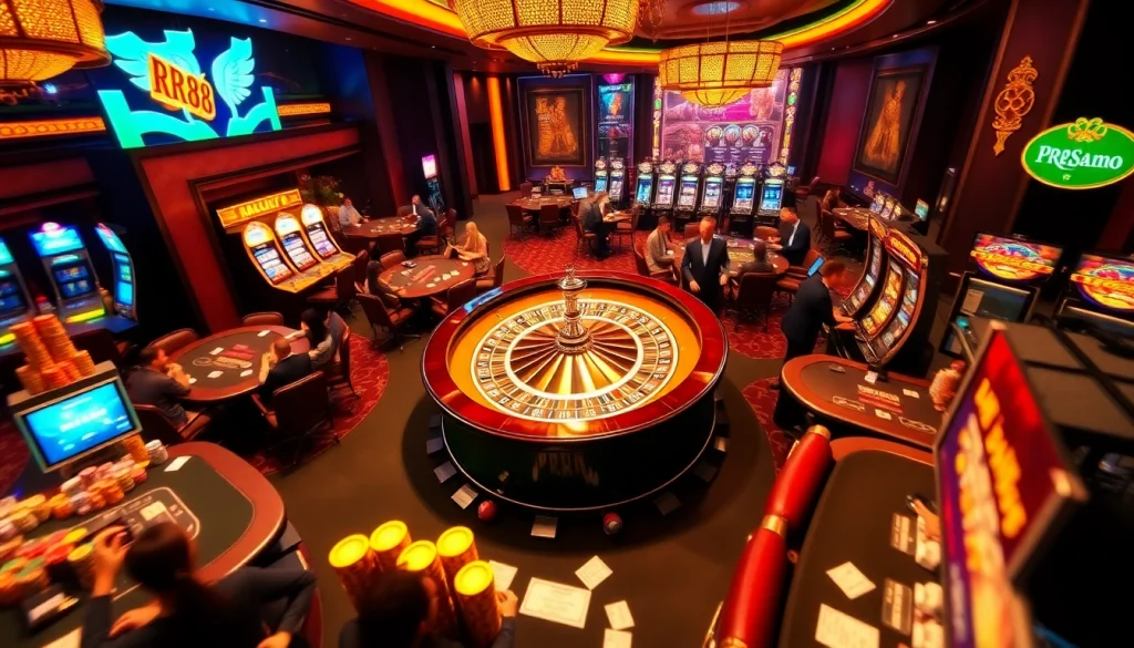 Experience thrilling gameplay at RR88 casino with poker tables, roulette, and slot machines.