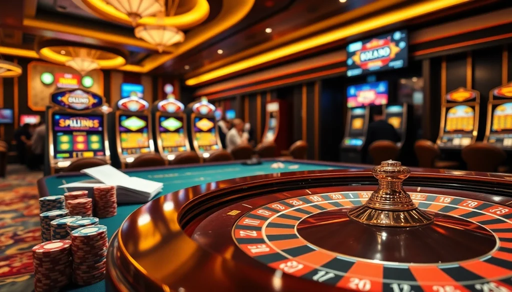 Exciting online casino scene featuring nhà cái 789club with roulette, poker chips, and slot machines.