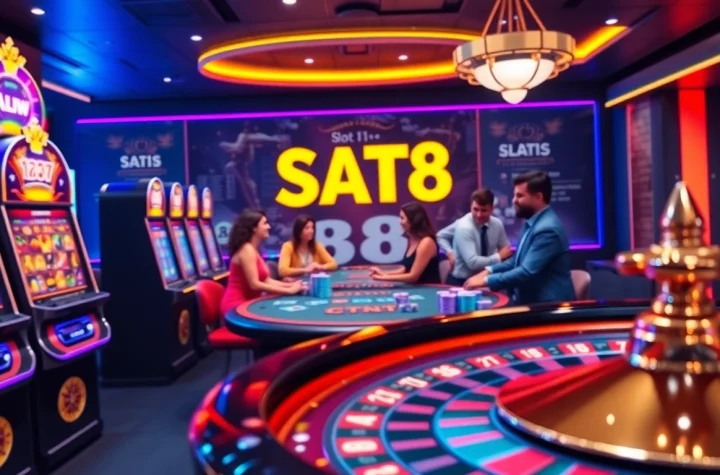 Engaging players enjoying slot api raja 88 at a vibrant casino with lively tables.