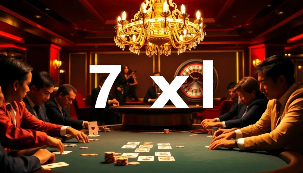 שחקנים משתתפים במשחק פוקר מרגש בקזינו מהודר עם אלמנטים בהשראת 7XL.