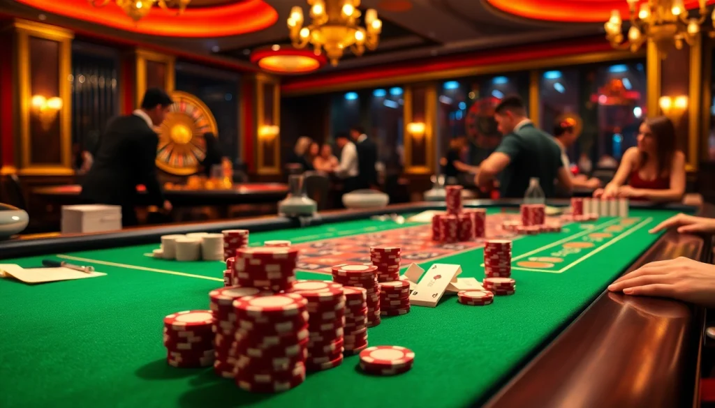 Tỷ lệ bóng đá anh showcased in a vibrant casino setting filled with poker chips and a spinning roulette wheel.