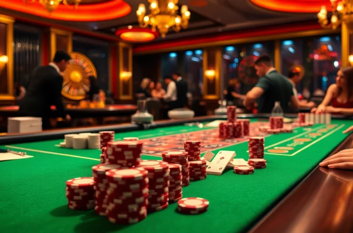 Tỷ lệ bóng đá anh showcased in a vibrant casino setting filled with poker chips and a spinning roulette wheel.