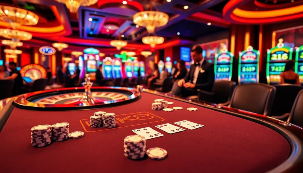 Engaged players at an MK8 branded poker table enjoying a vibrant casino atmosphere.