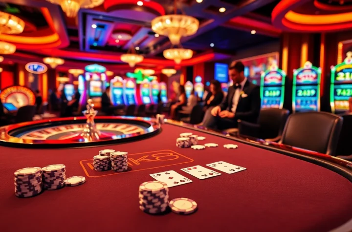 Engaged players at an MK8 branded poker table enjoying a vibrant casino atmosphere.