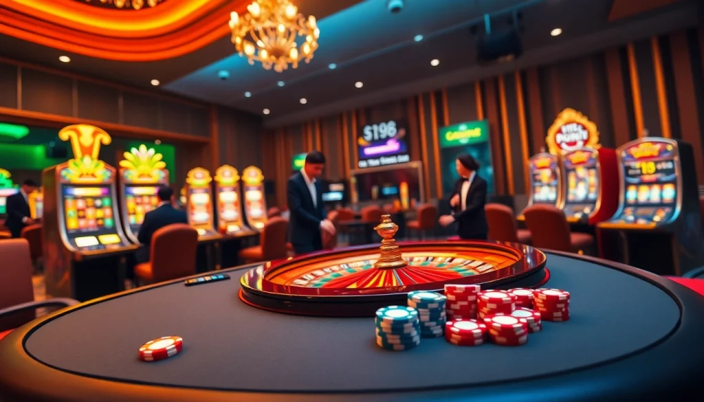 Engaging scene of trang chủ bet88 featuring roulette, poker, and vibrant casino elements for online gambling.