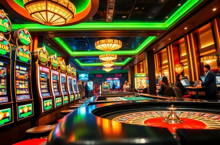 Situs slot gacor experience with vibrant machines and high-stakes action at a luxurious casino table.