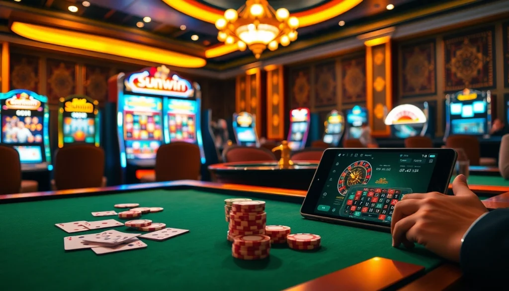 Join in on the excitement at sunwin with players engaging in thrilling casino games in a luxurious setting.