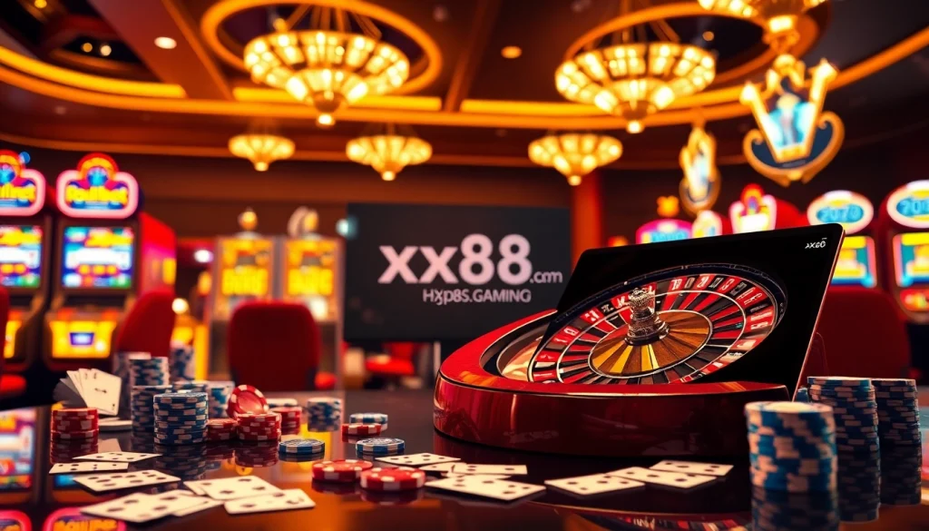 Experience the thrill of online gambling at https://xx88.promo/ with a vibrant casino scene of roulette, slots, and poker.