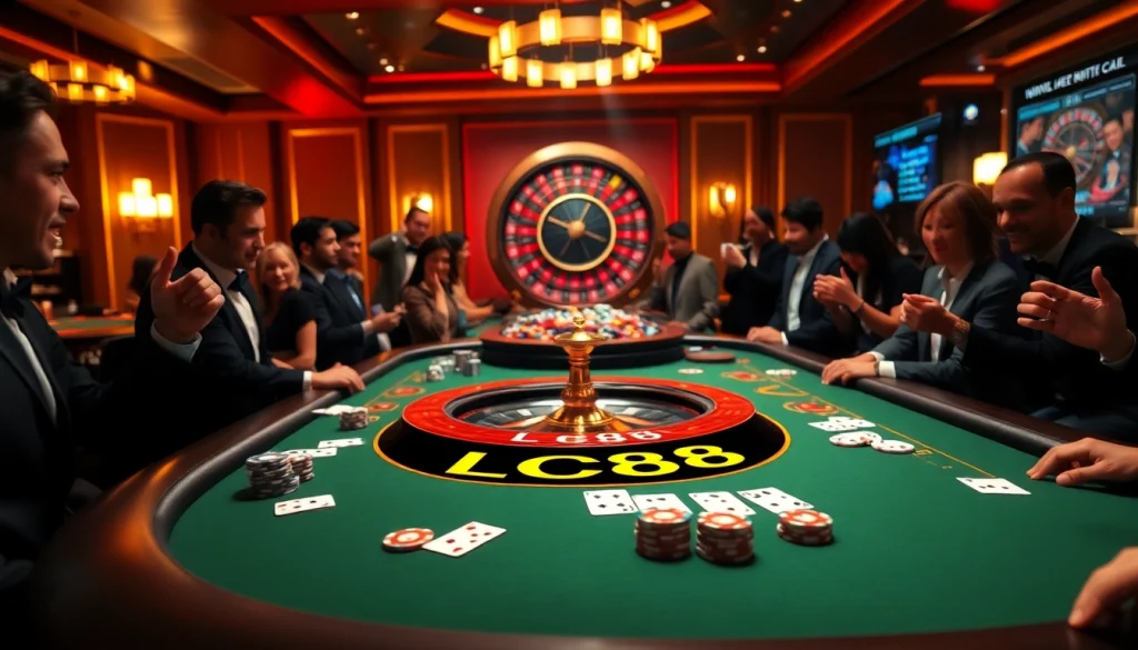 Exciting scene at LC88 trang chu Casino with players at a vibrant gaming table infused with luxury.