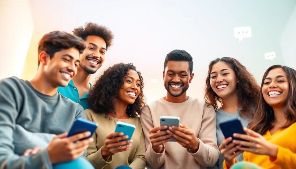 مشهد تفاعلي لمستخدمين متنوعين يتحدثون في شات تعب قلبي، يعرض تفاعلات ودية وأجهزة محمولة.