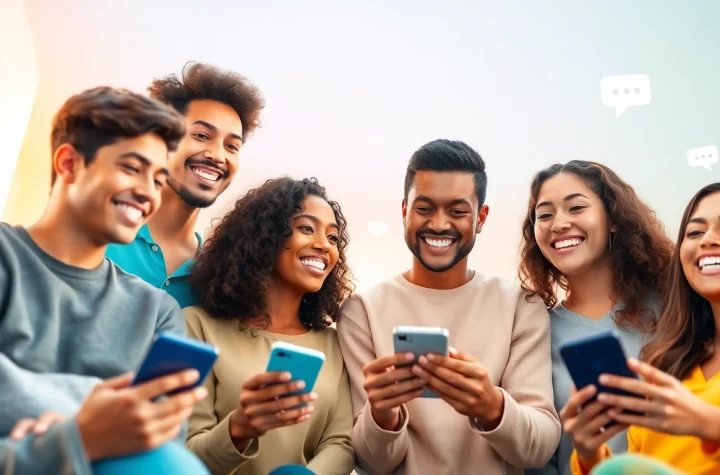 مشهد تفاعلي لمستخدمين متنوعين يتحدثون في شات تعب قلبي، يعرض تفاعلات ودية وأجهزة محمولة.