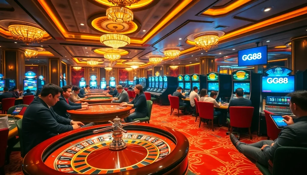 Exciting gaming scene with link GG88 logo prominently displayed as players engage in casino games.
