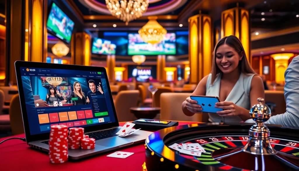 Engaging gambling experience at nhà cái Man88 showcasing online gaming, poker chips, and roulette.