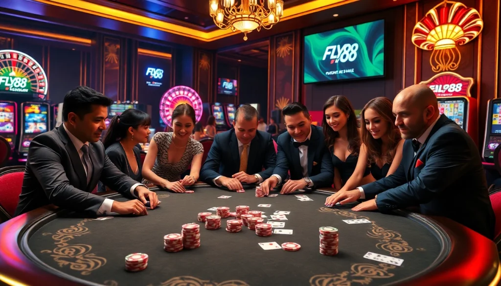 Join the excitement at FLY88 with high-stakes poker action amid luxury casino vibes.
