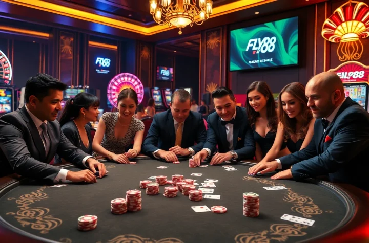 Join the excitement at FLY88 with high-stakes poker action amid luxury casino vibes.