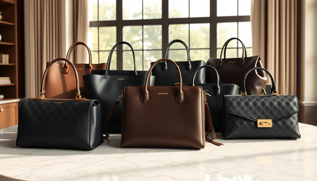 명품 이미테이션 핸드백이 세련된 테이블 위에 우아하게 전시되는 모습