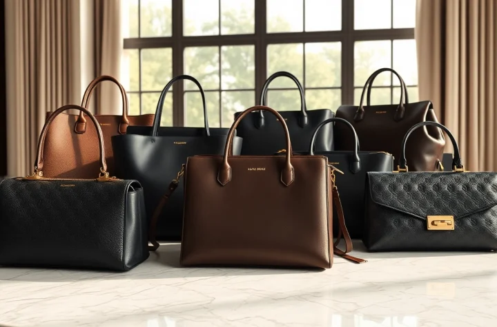 명품 이미테이션 핸드백이 세련된 테이블 위에 우아하게 전시되는 모습