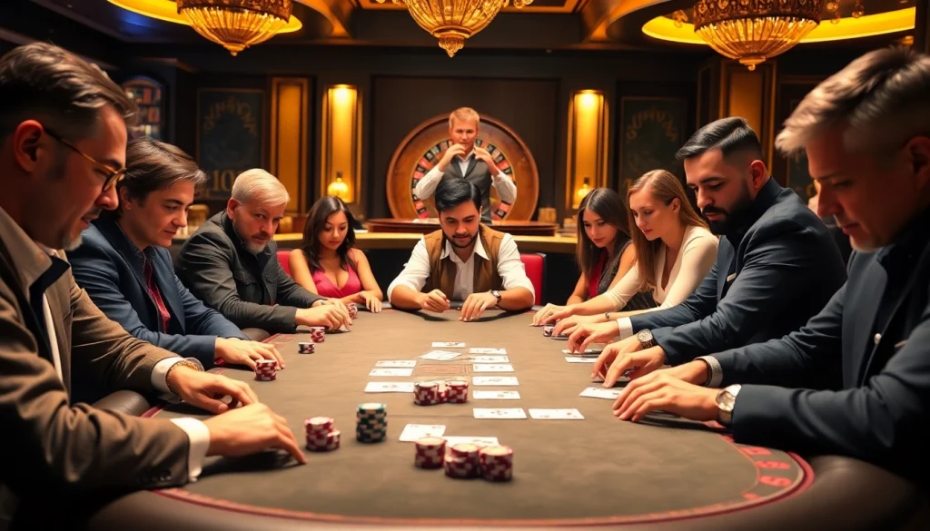 Players engaging in a high-stakes poker game experience at K88, showcasing excitement and strategy on the table.