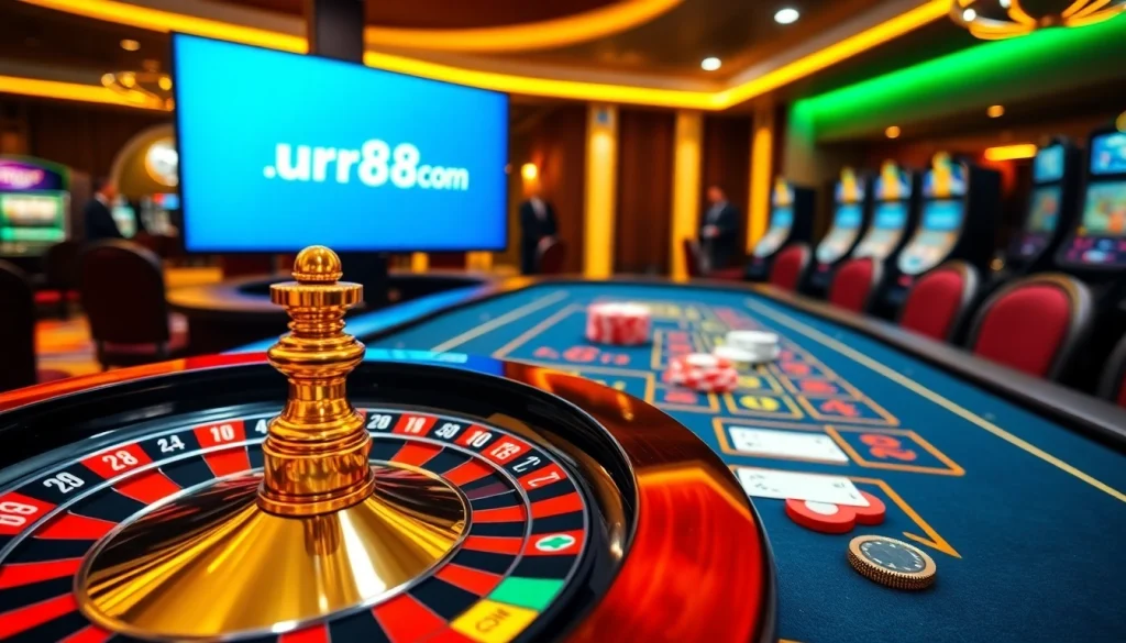 Experience excitement at https://urr88.com/ with vibrant casino scenes featuring roulette and poker tables.