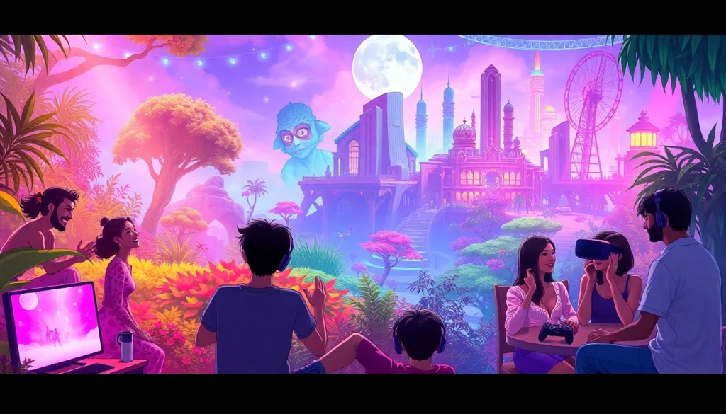 Diverse characters enjoying playful moments in a fantasy setting of an immersive sex game.