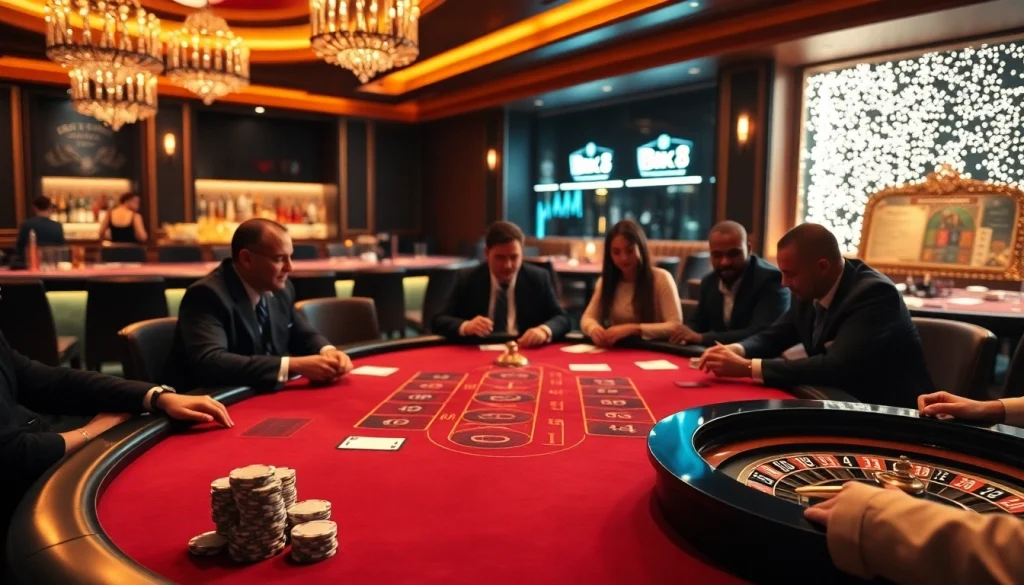 Players enjoying a thrilling game at the BK8 poker table in an upscale casino setting.