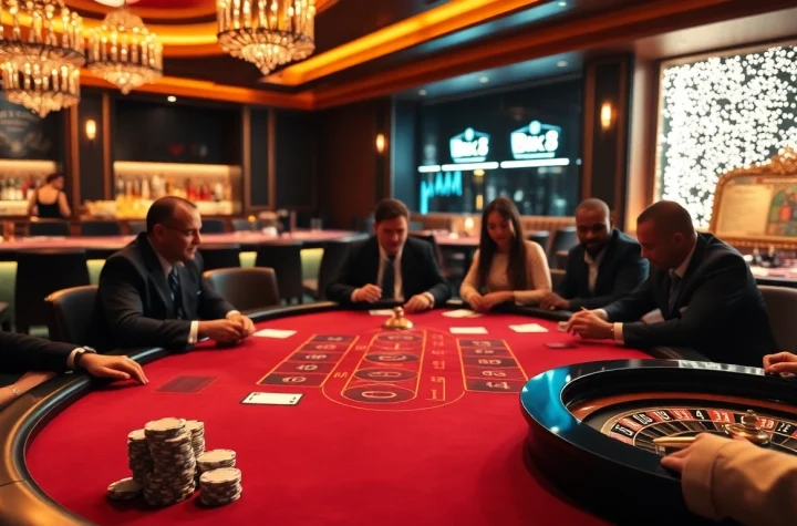 Players enjoying a thrilling game at the BK8 poker table in an upscale casino setting.