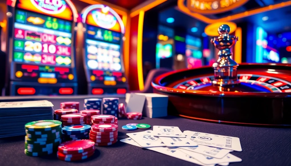Engaging scene of a gambling table showcasing nhà cái 789club excitement, vibrant poker chips, and a roulette wheel.