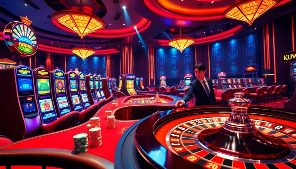 Experience thrilling online gambling at KUWIN's elegant casino setting with live tables and vibrant games.