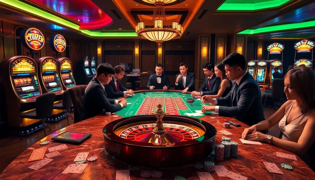 Engaging casino scene representing Clubmastersgg.com with players at roulette and card tables.